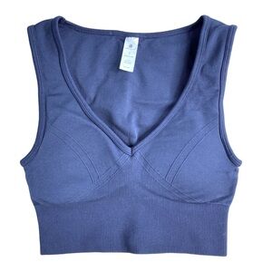 Yogalicious Seamless Peak Rib V-Neck Bra Crop Top Navy Padded (Size S)